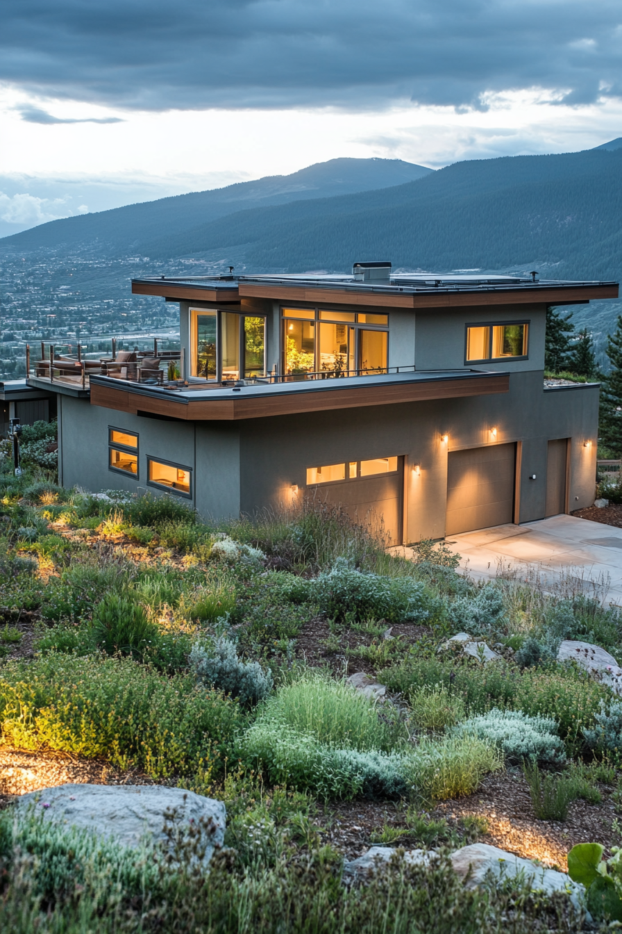 Split-Level Design. Rooftop deck with mountaintop parking, overlooking valley vista.