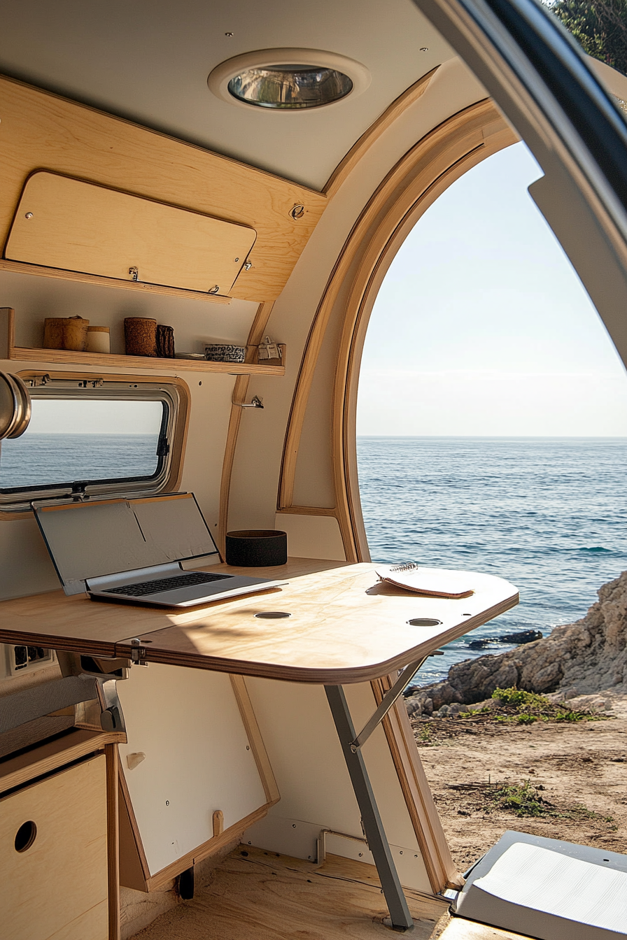 Teardrop trailer. Standing desk and expandable sides, overlooking the ocean.