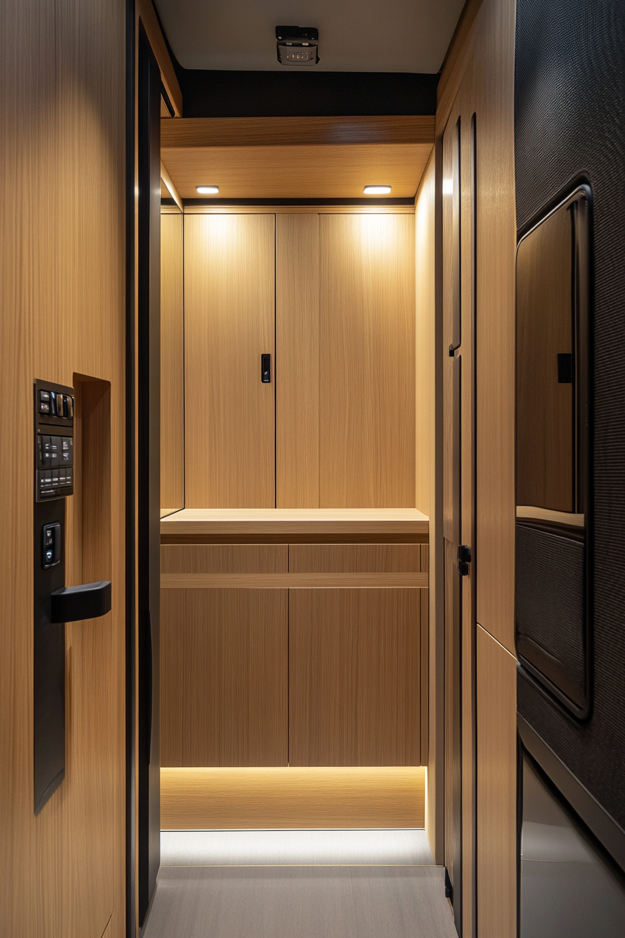 Sprinter 170 interior. Cedar-lined walls featuring matte black hardware against Mountain Ridge color base.