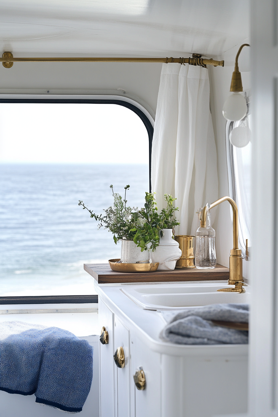 Travel trailer. White interior, navy details, brass fixtures, beachfront view.
