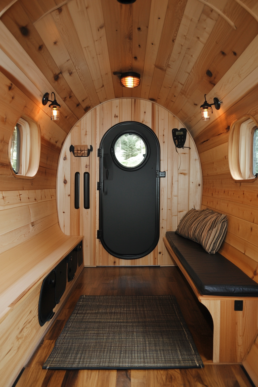 Sprinter 170. Cedar-lined walls, black hardware, Mountain Ridge Basecamp.