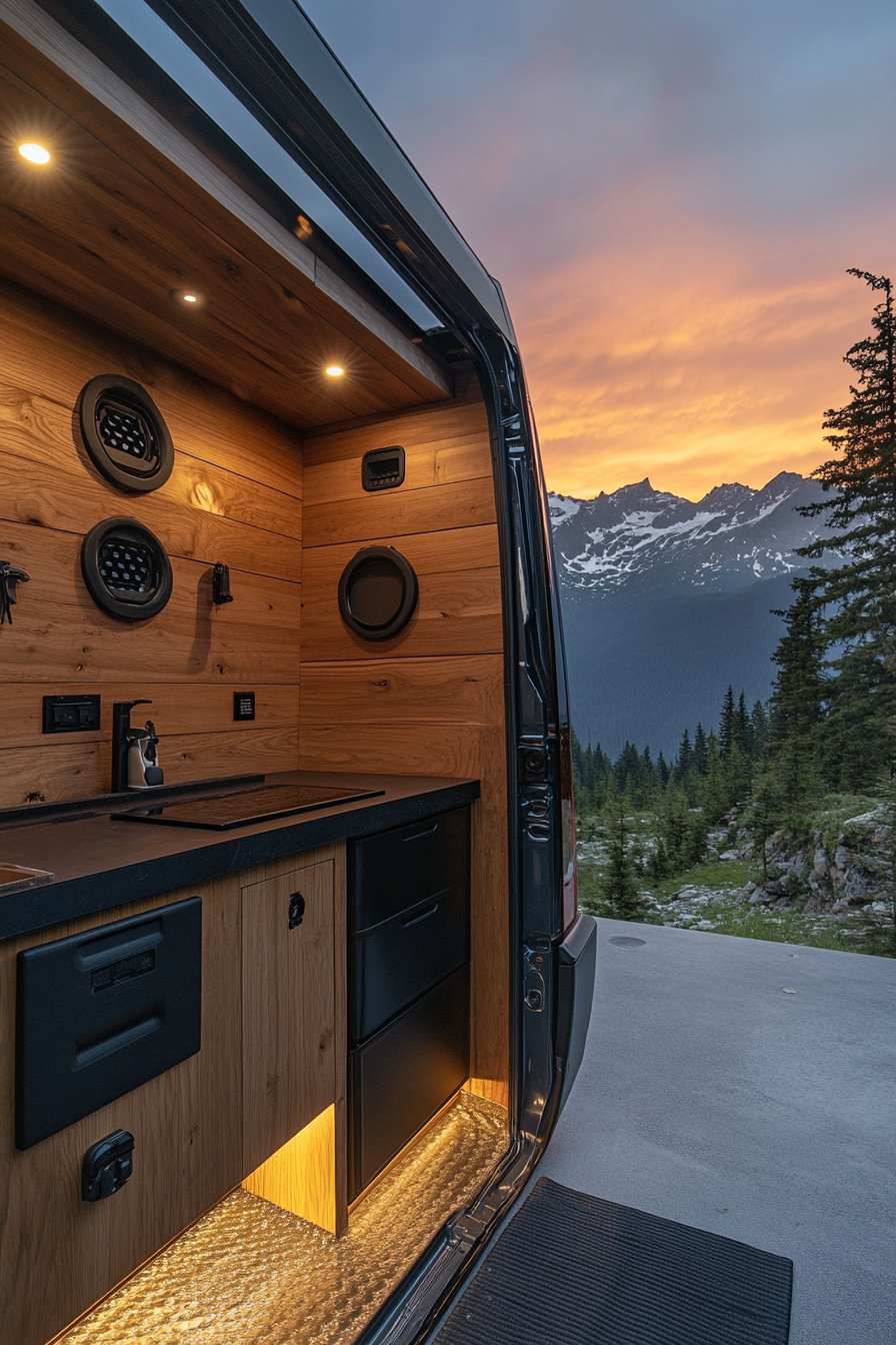 Sprinter 170. Sunset against cedar-lined walls with black hardware, mountain ridge in view.