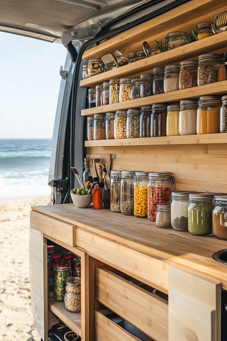 Mercedes Sprinter interior. Beachside with folded bamboo counters and vertical spice racks.