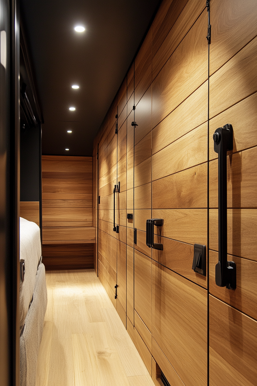 Sprinter 170 interior. Cedar-lined walls with black hardware.
