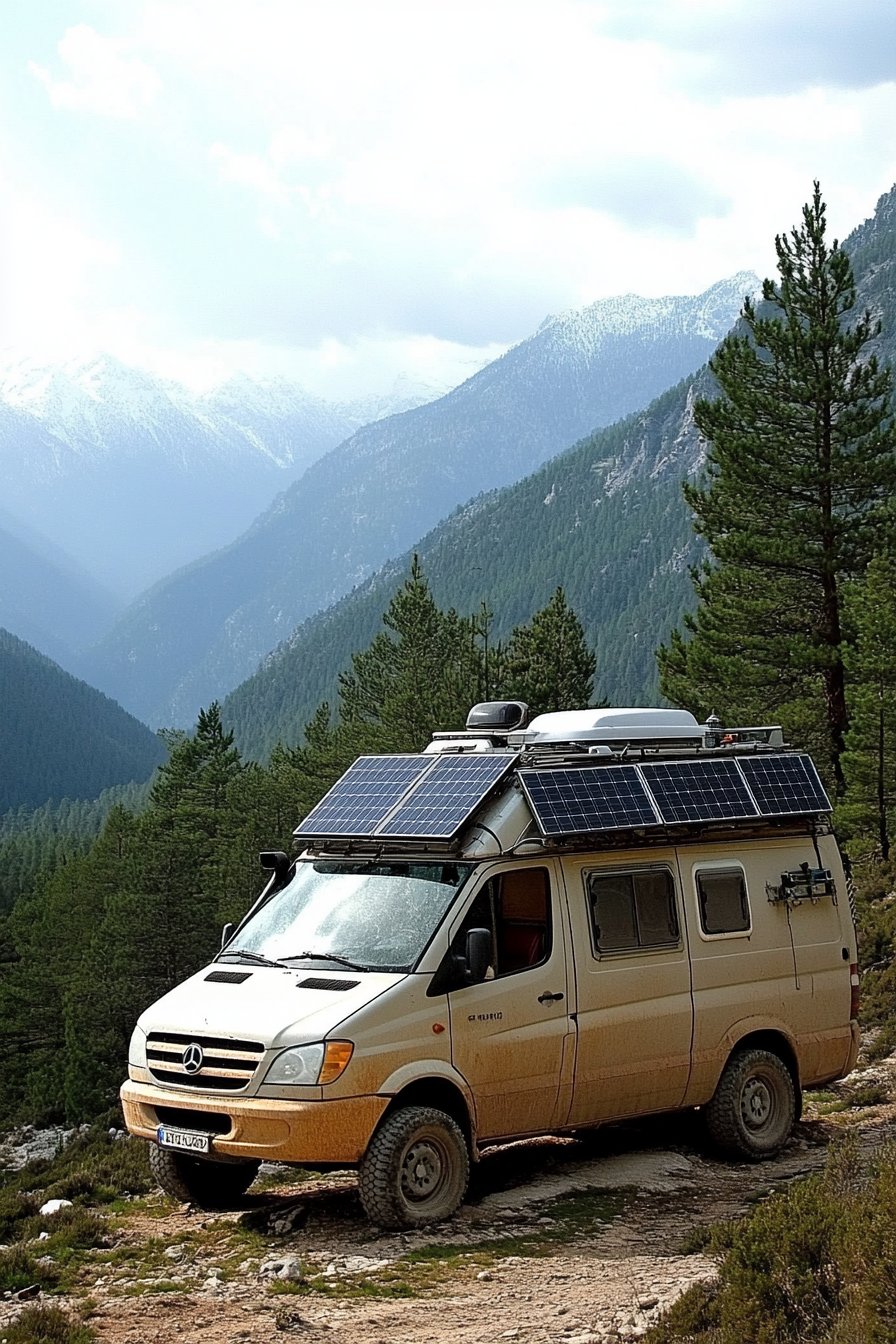 4x4 Sprinter. Metal rooftop solar panels, efficient water filter, snug in inaccessible mountain area.