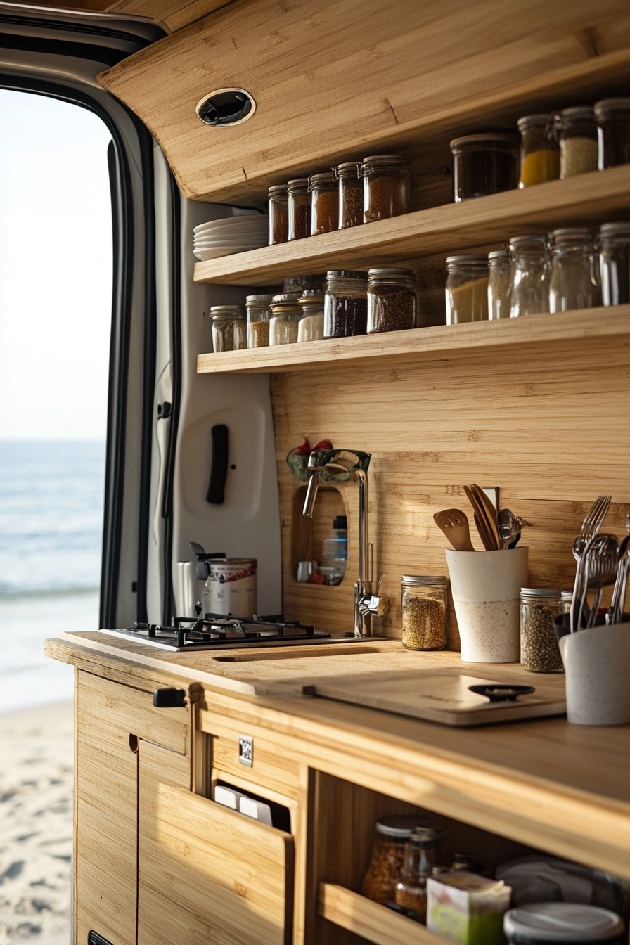 Mercedes Sprinter. Bamboo Counters, Vertical Spice Racks, Beachside