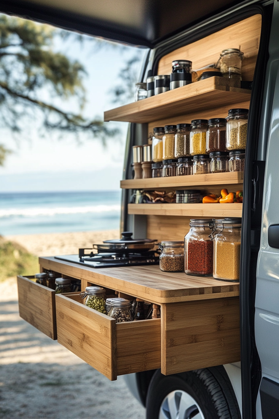 Mercedes Sprinter. Bamboo fold-down counter with vertical spice rack, cooking by the beach.