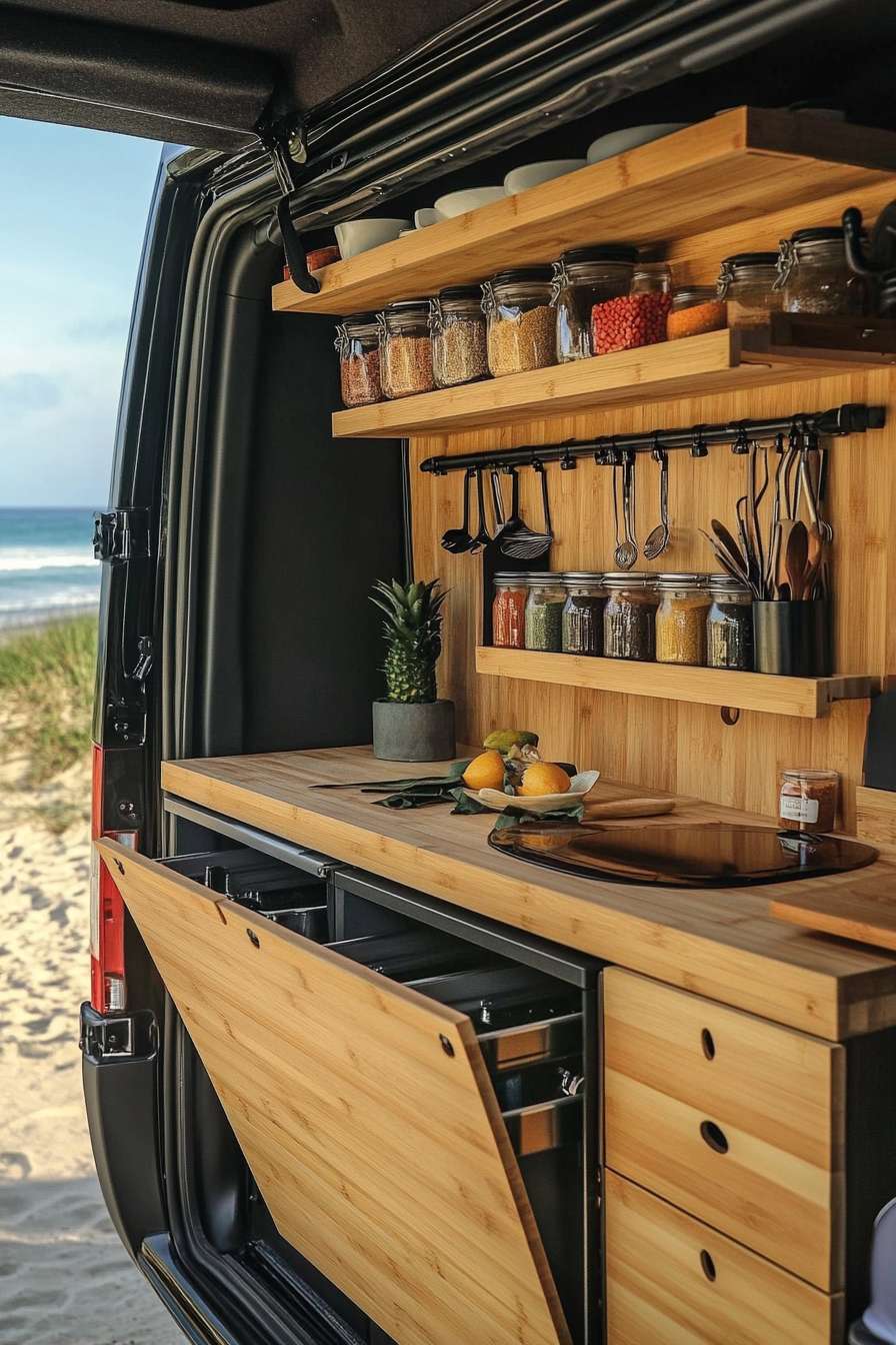 Mercedes Sprinter interior. Fold-down bamboo counters with vertical spice racks near the beach.