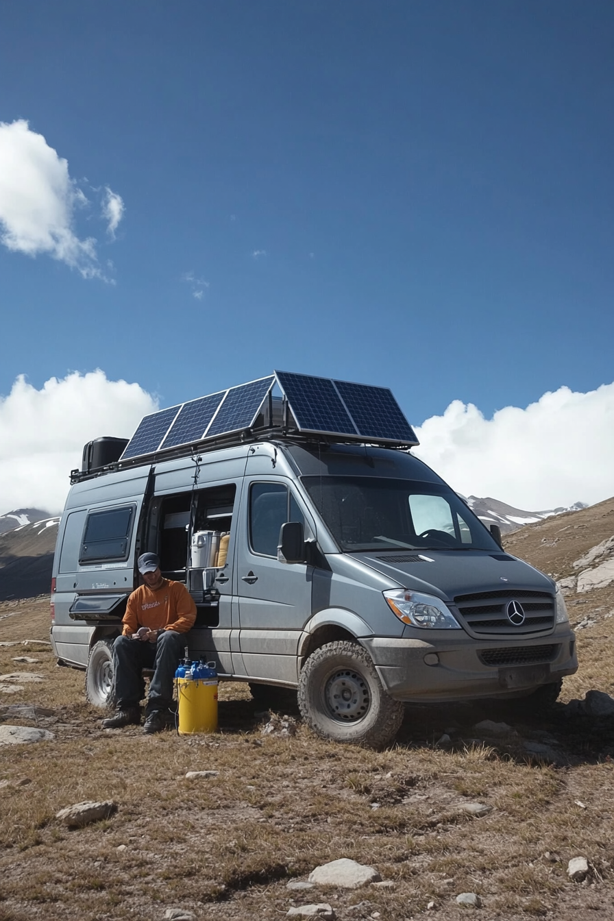 4x4 Sprinter setup. Photovoltaic panels on roof with purifying water system, settled in rugged terrain.