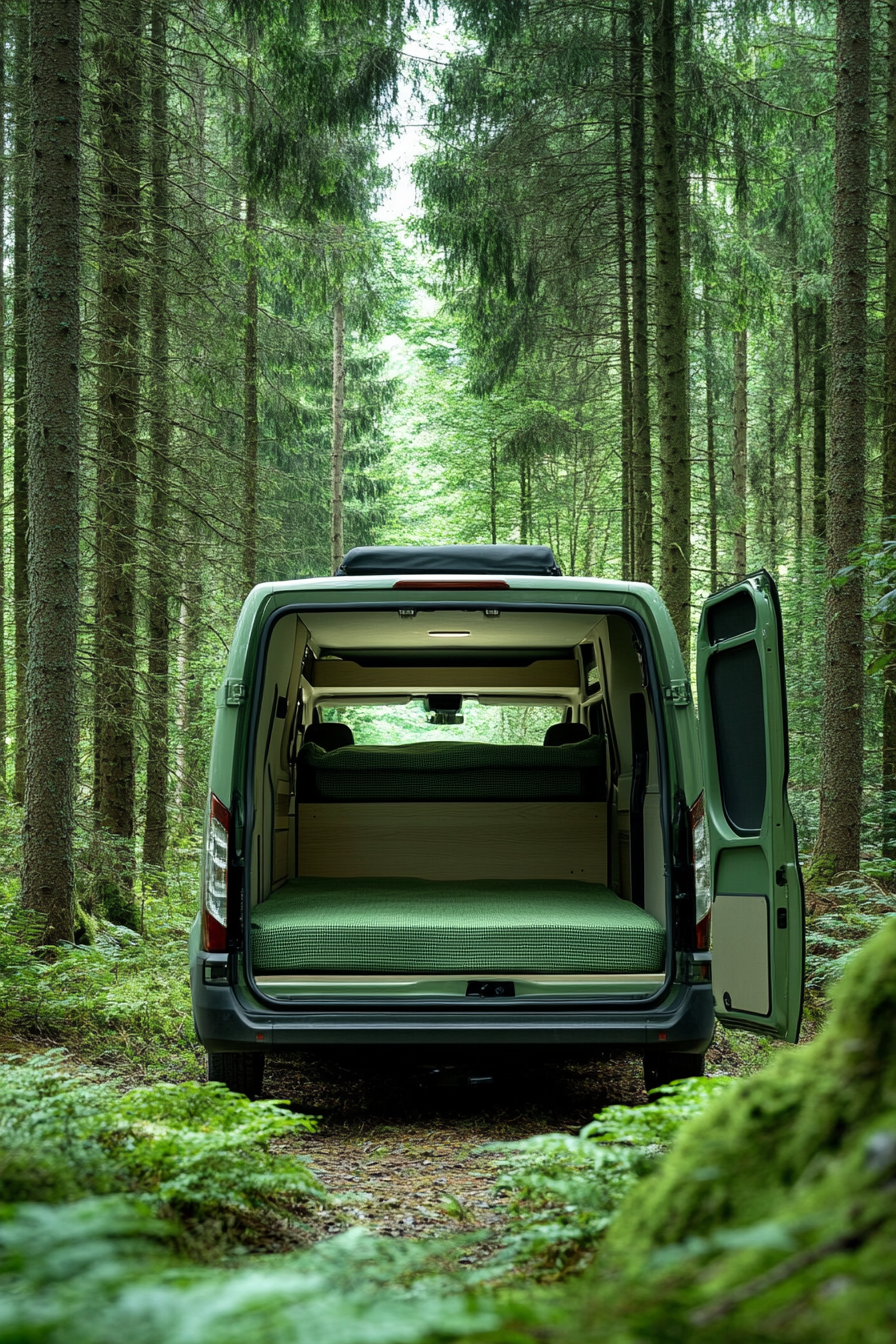 Ford Transit convertible bed-to-lounge. Sage green woven textiles in dense pine forest environment.