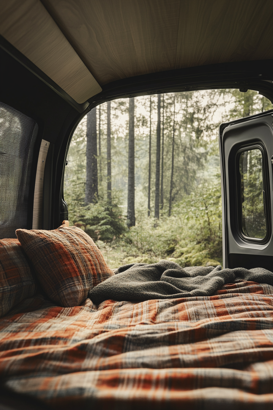 Ford Transit interior. Convertible bed-to-lounge, woven textiles, surrounded by pine forest.