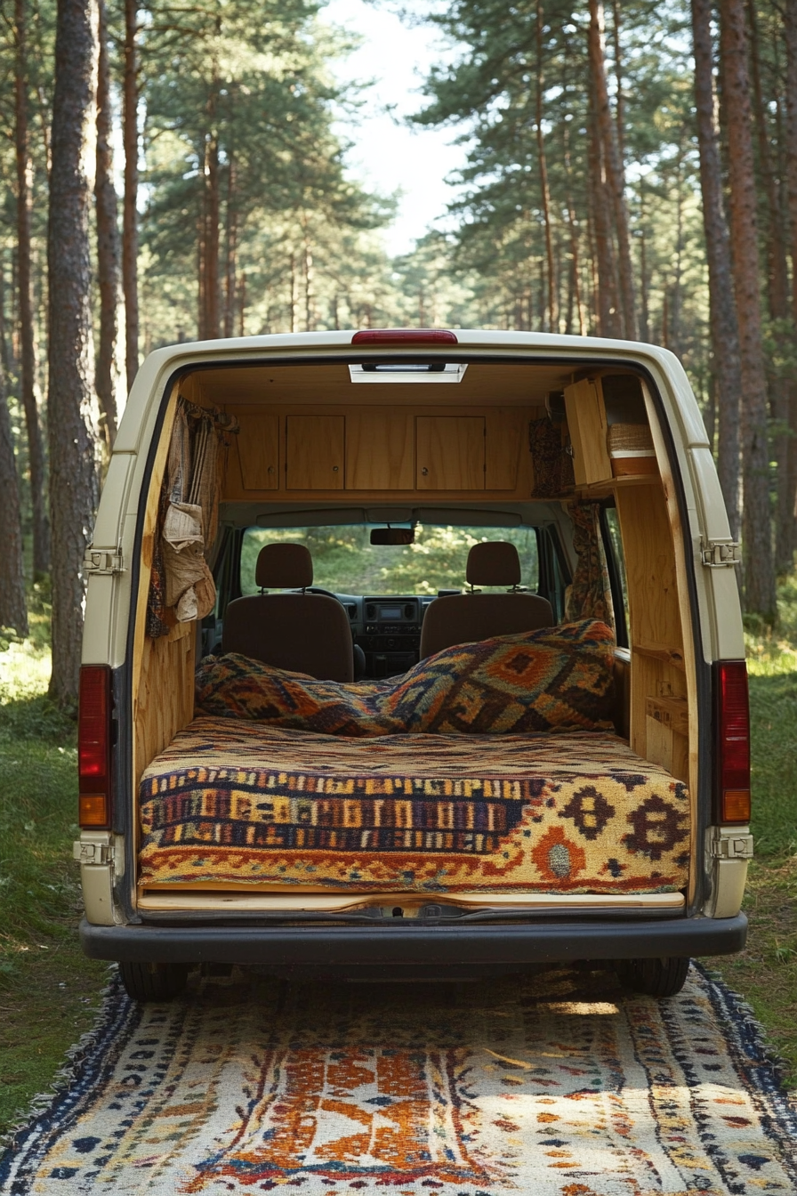 Ford Transit conversion. Convertible bed-to-lounge with woven textiles in pine forest.