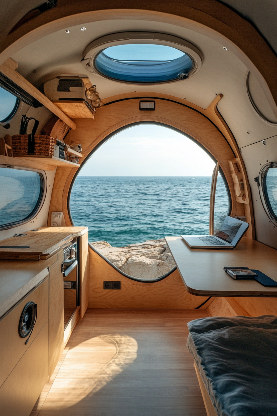 Teardrop Trailer: Azure sea panorama and expandable side office including a built-in standing desk.