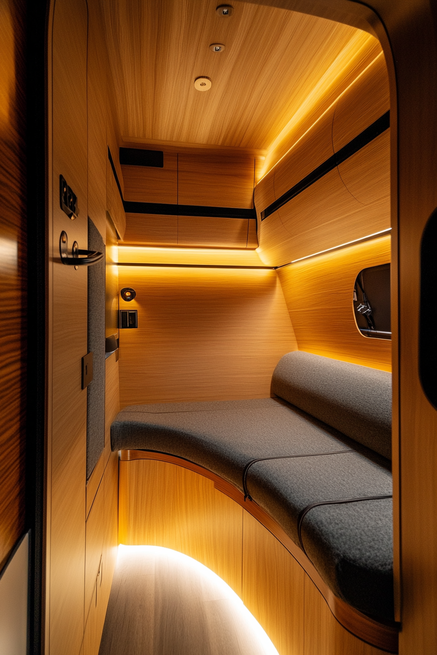 Sprinter 170 interior. Cedar-Lined Walls and suede seat with black accentuated hardware.