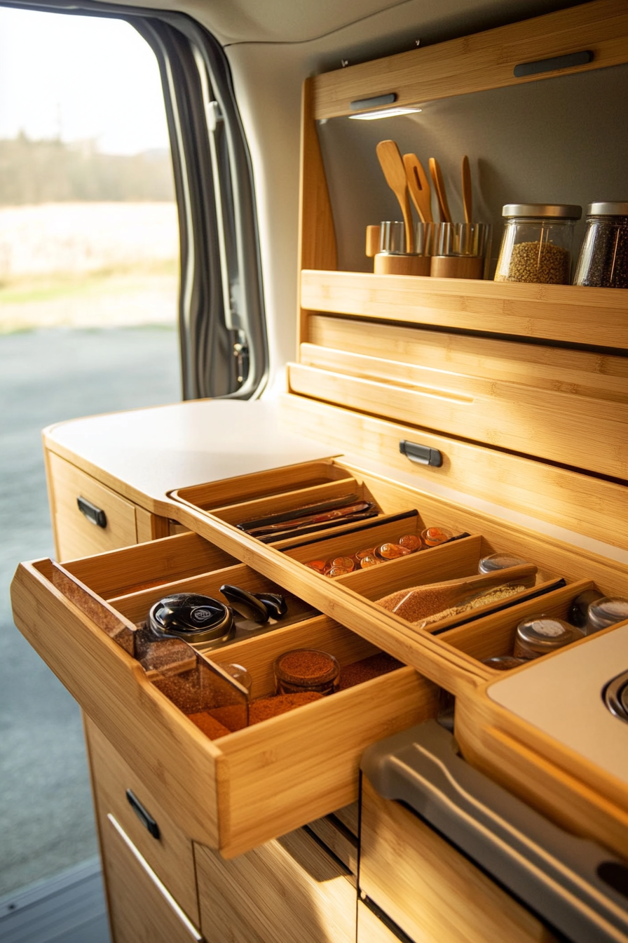 Mercedes Sprinter interior. Bamboo counters with fold-down slots and vertical spice racks.