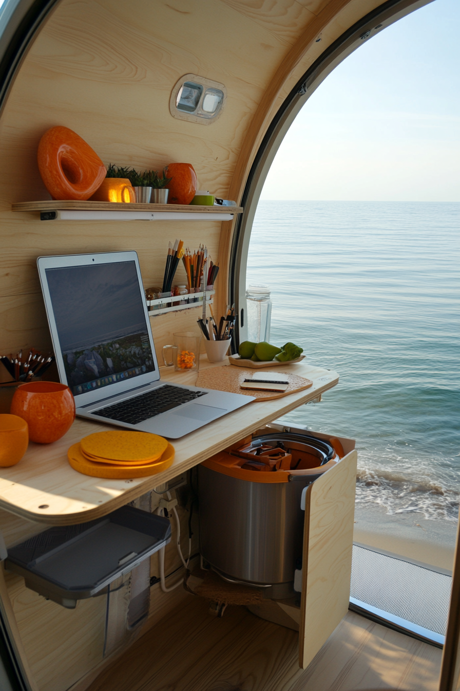 Teardrop trailer. Ocean view, expandable side office with amber wood standing desk.