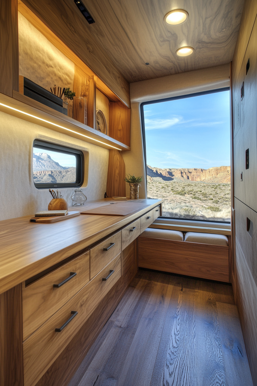 RAM Promaster. Floating desk with hidden drawers adjacent to a wide desert canyon window.