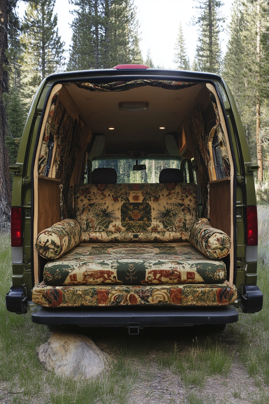Ford Transit convertible bed-to-lounge. Woven textile upholstery, surrounded by wild pine forest.