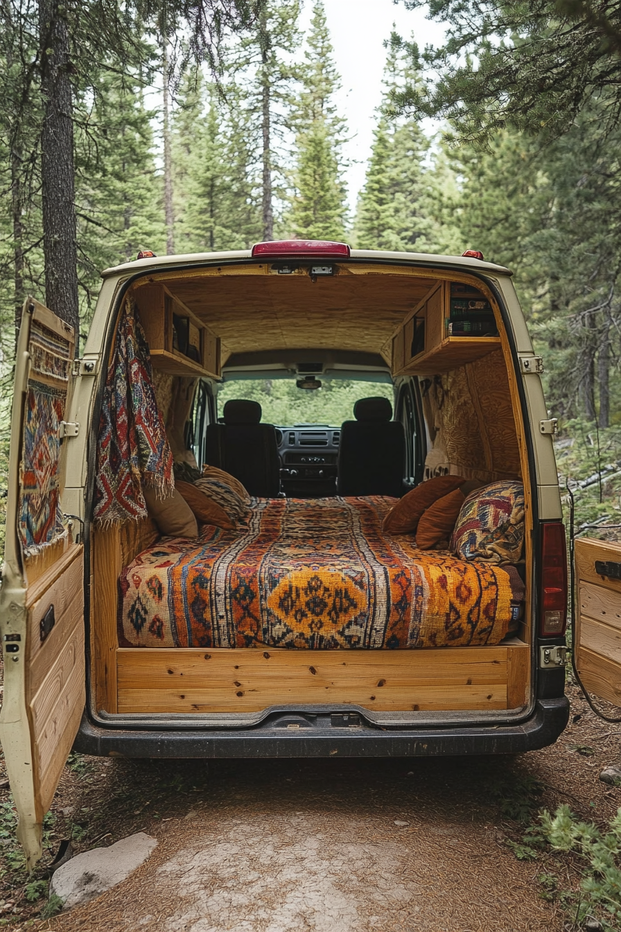 Ford Transit conversion. Bed-to-lounge, woven textiles, surrounded by pine forest.