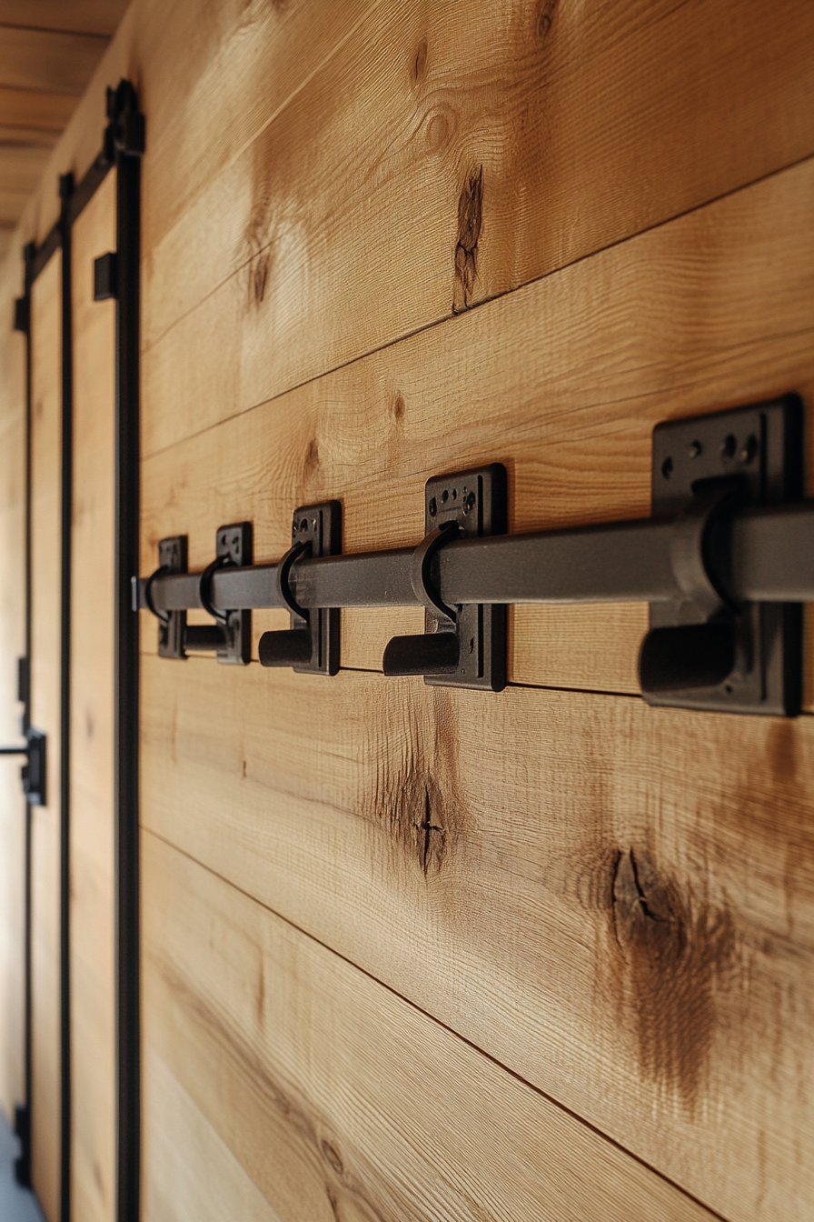 Sprinter 170 interior. Cedar-lined walls, black hardware, Mountain Ridge Basecamp theme.