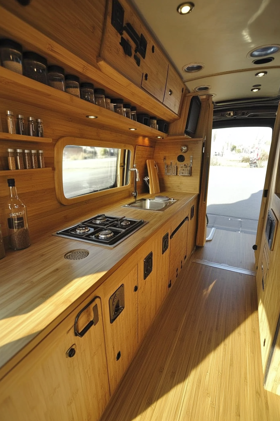 Mercedes Sprinter interior. Bamboo counters with fold-down functionality, vertical spice racks.