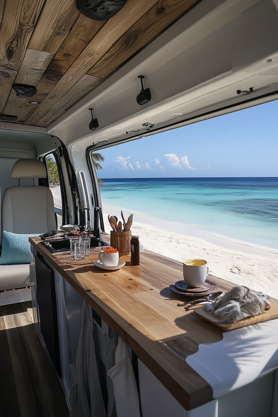 Mercedes Sprinter interior. Fold-down bamboo counter near coral white sand beach.