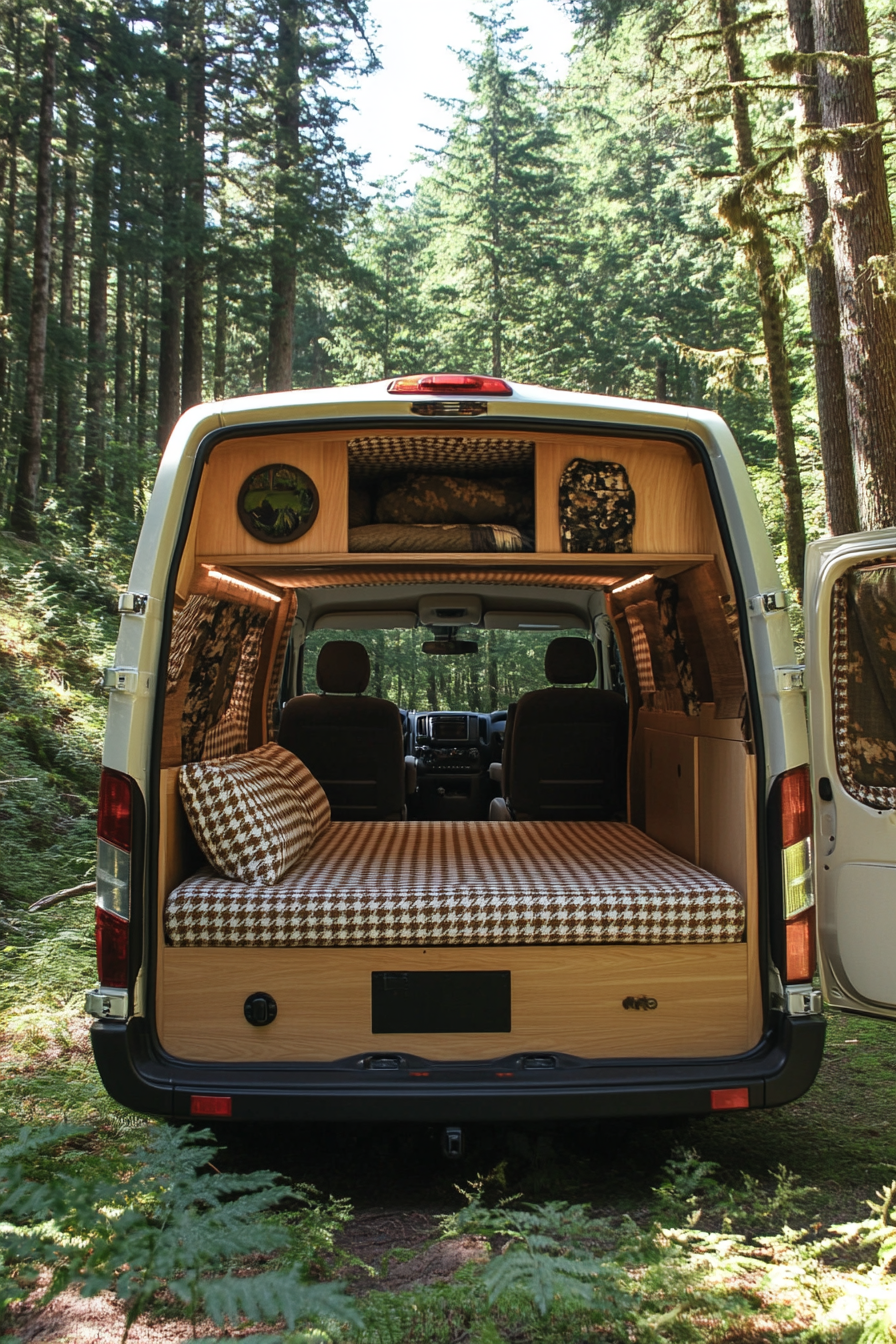 Ford Transit. Convertible bed-to-lounge in woven houndstooth textiles, surrounded by towering pine forest.