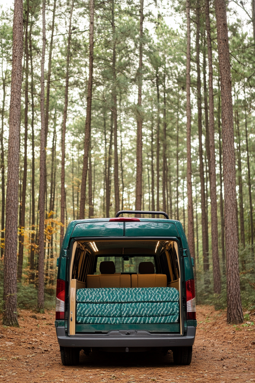 Ford Transit convertible bed-to-lounge. Teal woven textile in pine forest setting.