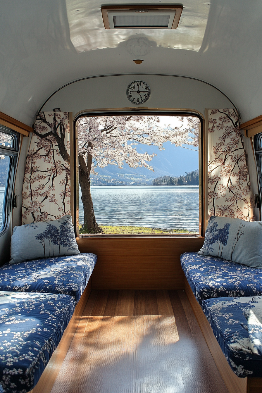 Airstream Classic interior. Cherry blossom Shoji screen divider, blue floor cushions, serene lakeside view.