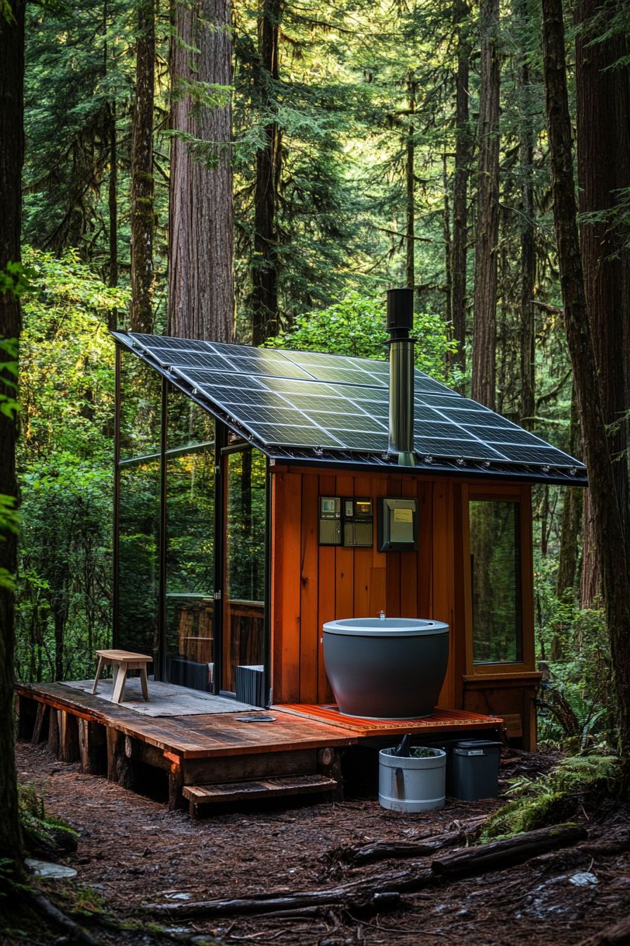 Transit Connect. Solar panels and composting toilet near forested national park.