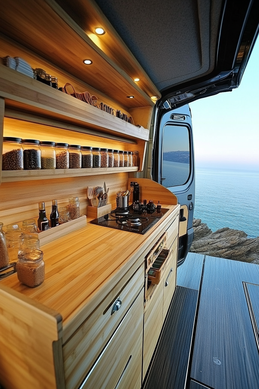 Mercedes Sprinter interior. Bamboo fold-down counters with vertical spice racks, sea view.