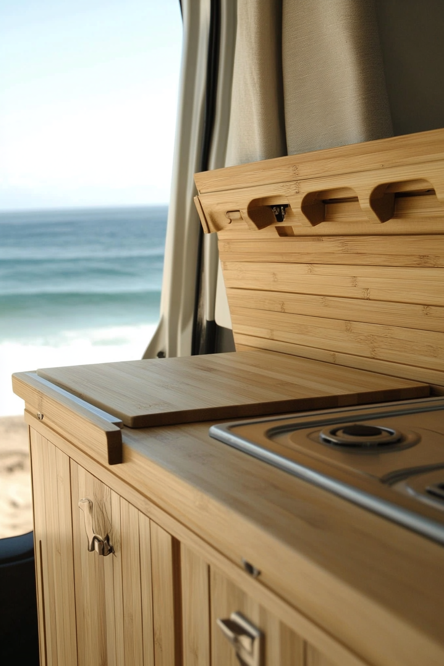 Mercedes Sprinter interior. Fold-down bamboo counter near beachside.
