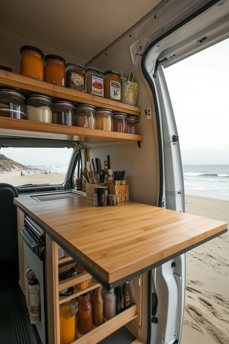 Mercedes Sprinter interior. Bamboo countertop with folding mechanism, vertical spice rack, beachside.