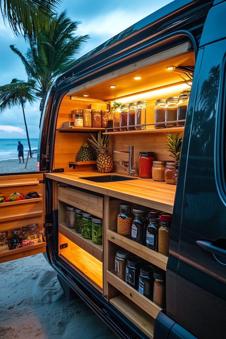Mercedes Sprinter interior. Fold-down bamboo counter, vertical spice rack, beachside.