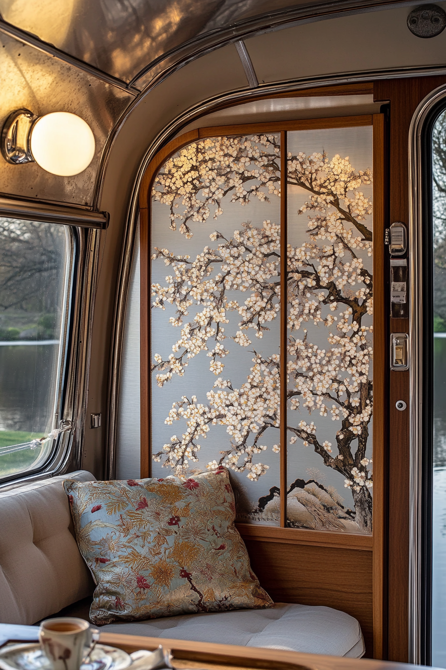 Airstream Classic. Shoji screen divider featuring silver cherry blossom-highlights near tranquil lakeside.
