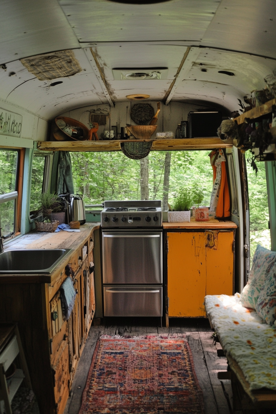 Short bus interior. Distressed wood paneling, steel appliances, nestled in lush woodland.
