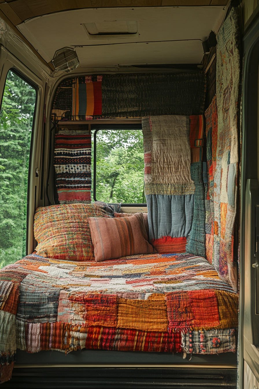 Ford Transit conversion. Bed-to-Lounge niche woven textiles in Pine Forest setting.