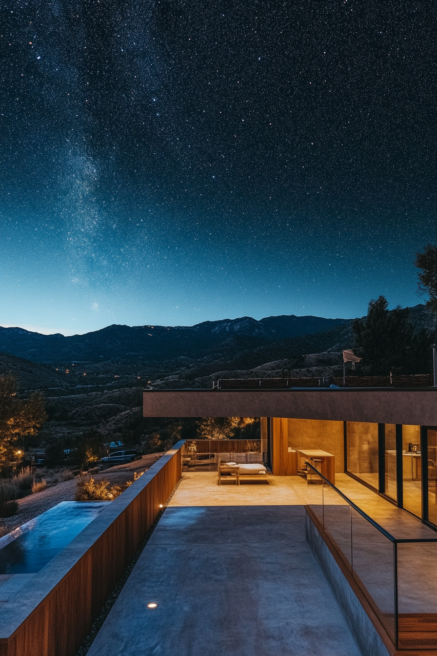 Split-Level Design. Rooftop deck underneath starry sky overlooking mountaintop parking with valley vista.