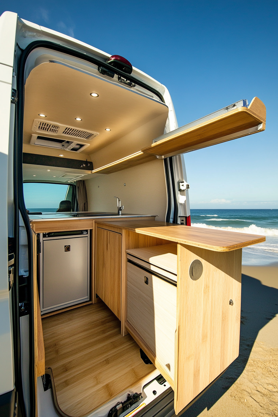 Mercedes Sprinter interior. Fold-down bamboo counters by the beachside.