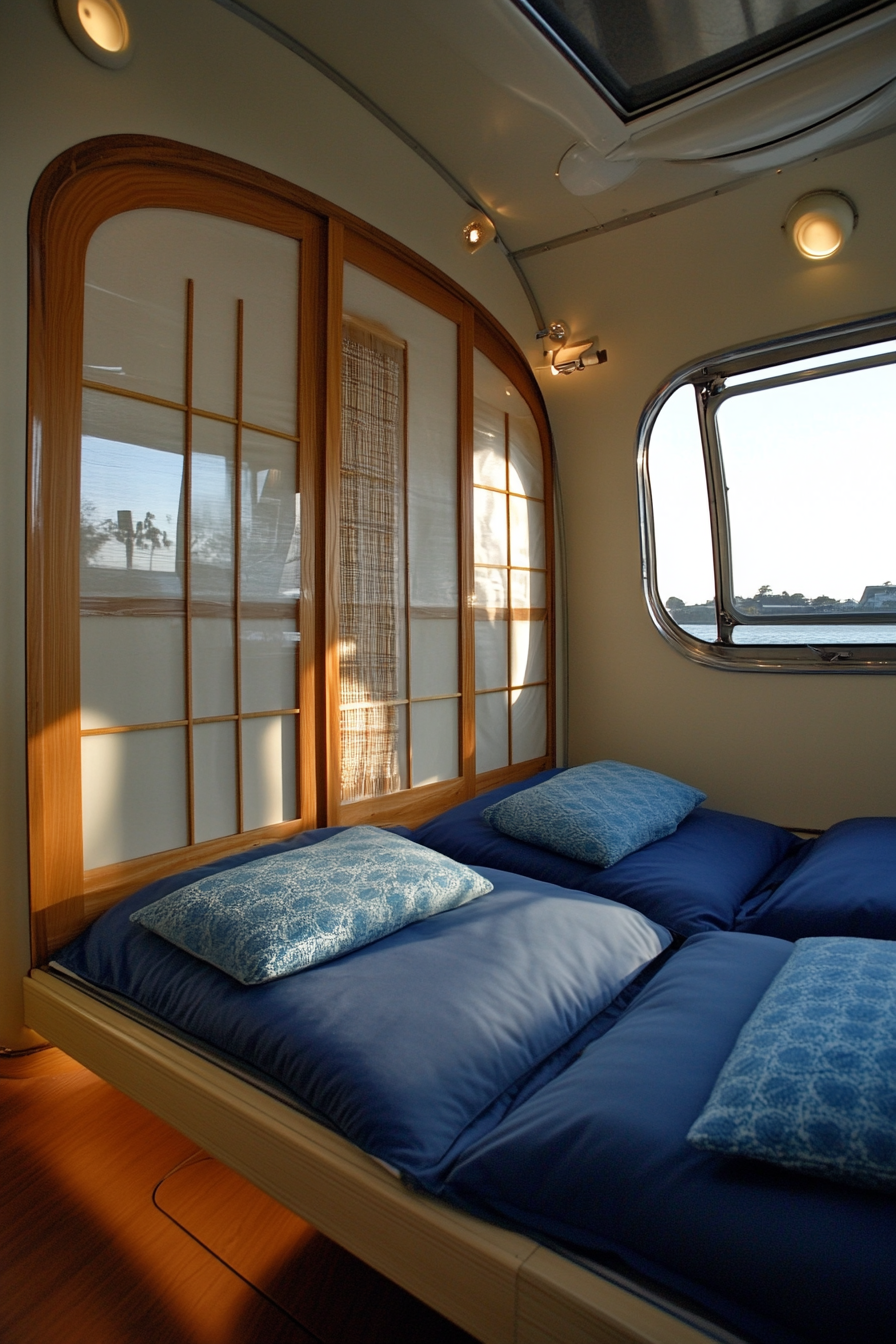 Airstream Classic interior. Shoji screen divider by the lakeshore, blue floor cushions arranged.