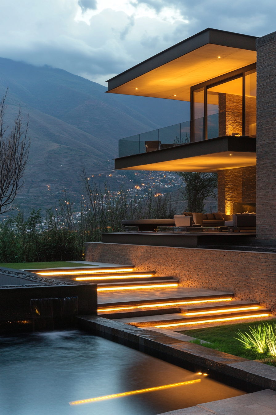 Split-Level Design. Terrace lighting with mountaintop views.