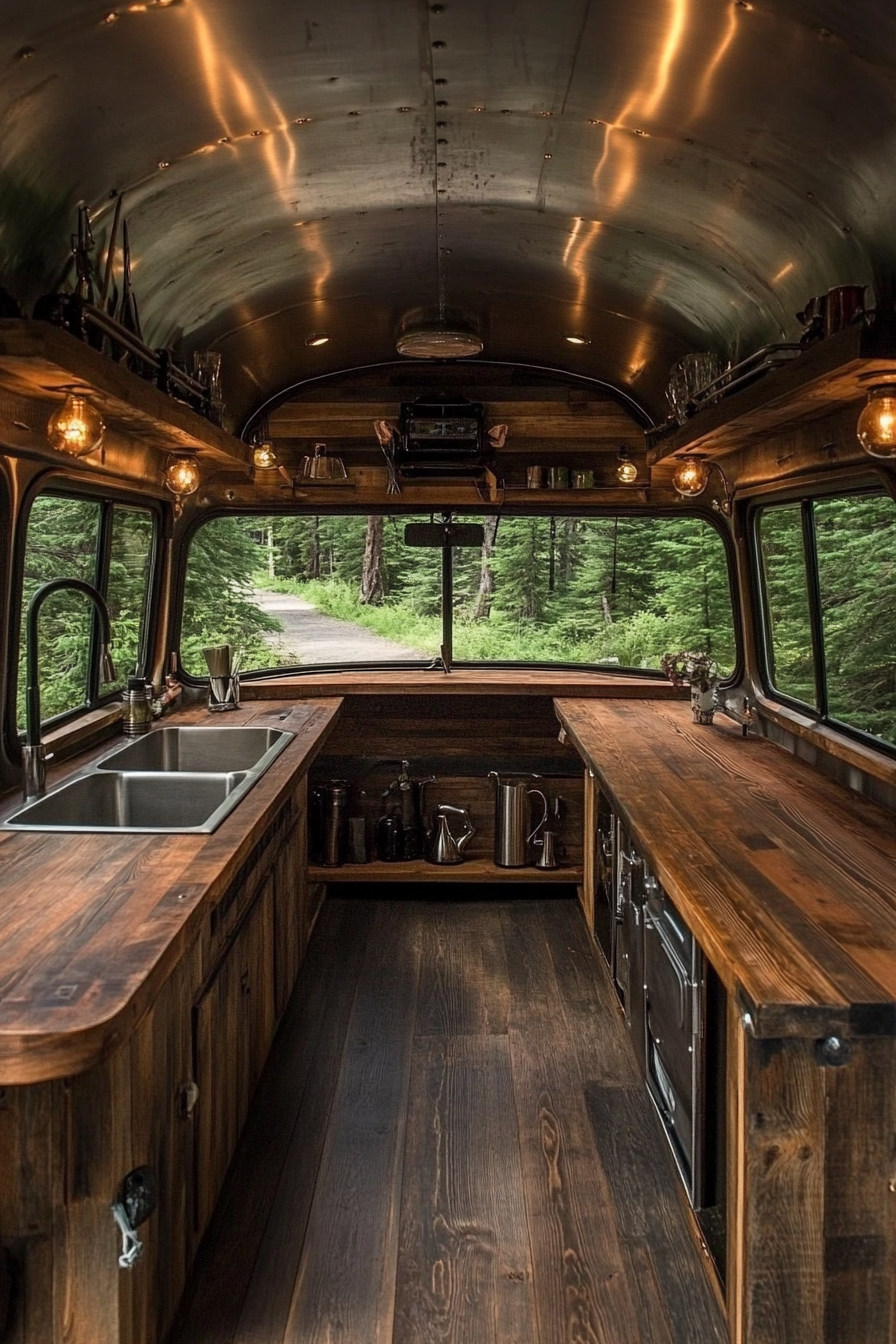 Short bus interior. Reclaimed dark wood, shining steel fixtures, forest camping ground backdrop.