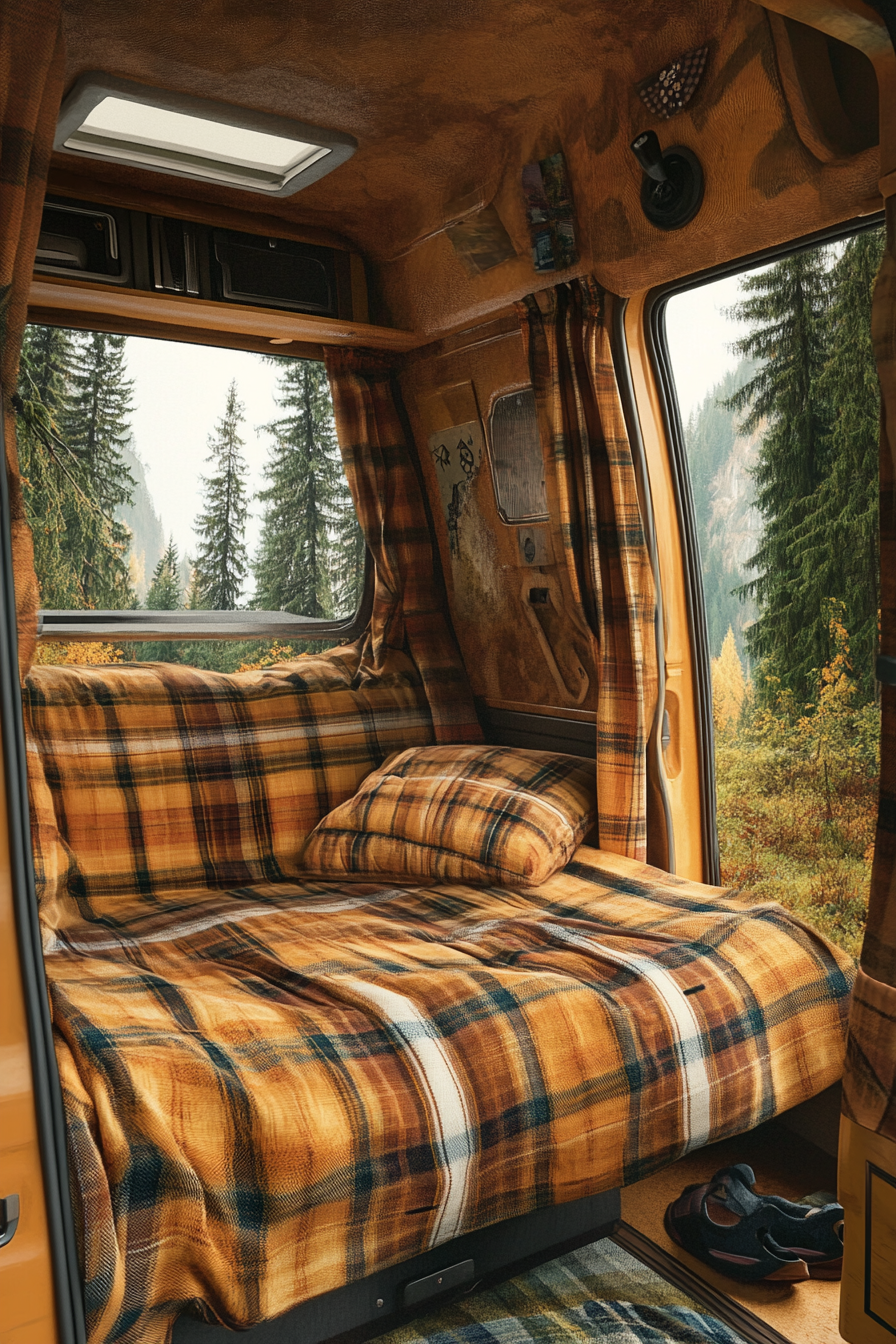 Ford Transit interior. Convertible bed-to-lounge, plaid woven textiles, pine forest panorama.