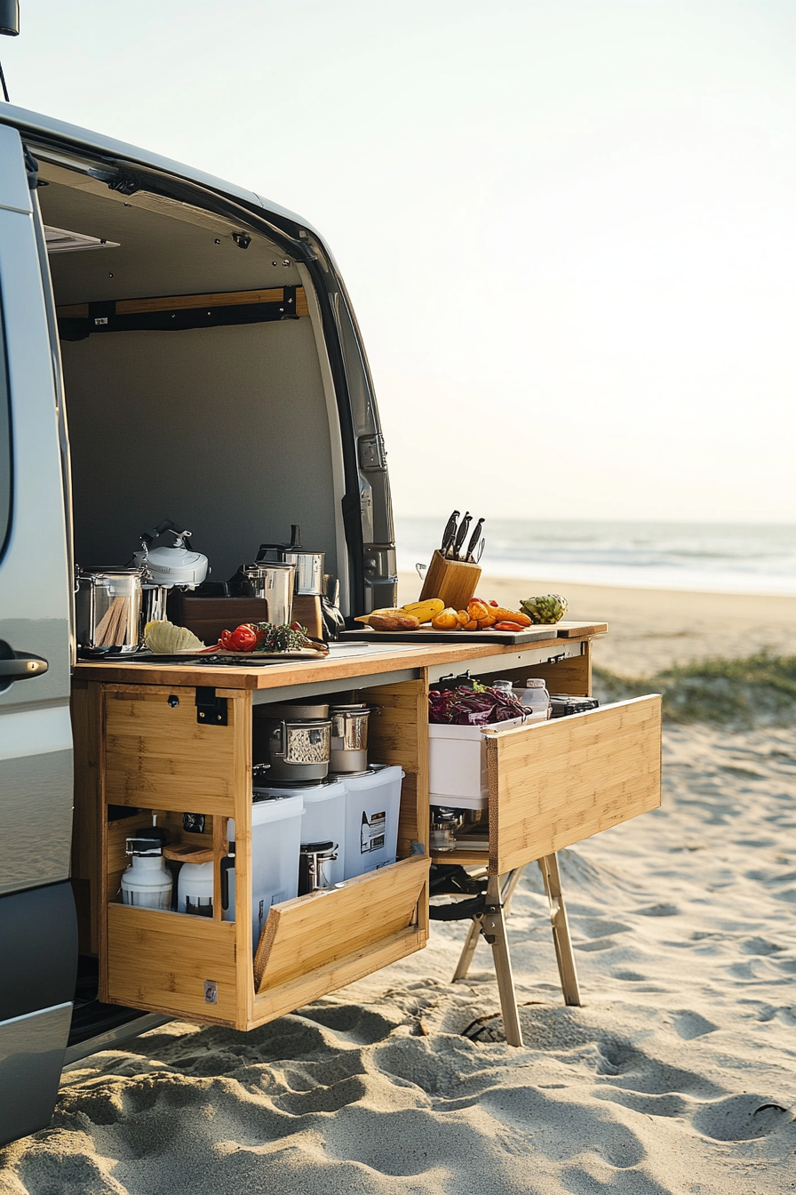 Mercedes Sprinter interior. Fold-down bamboo counter with beachside cooking setup.