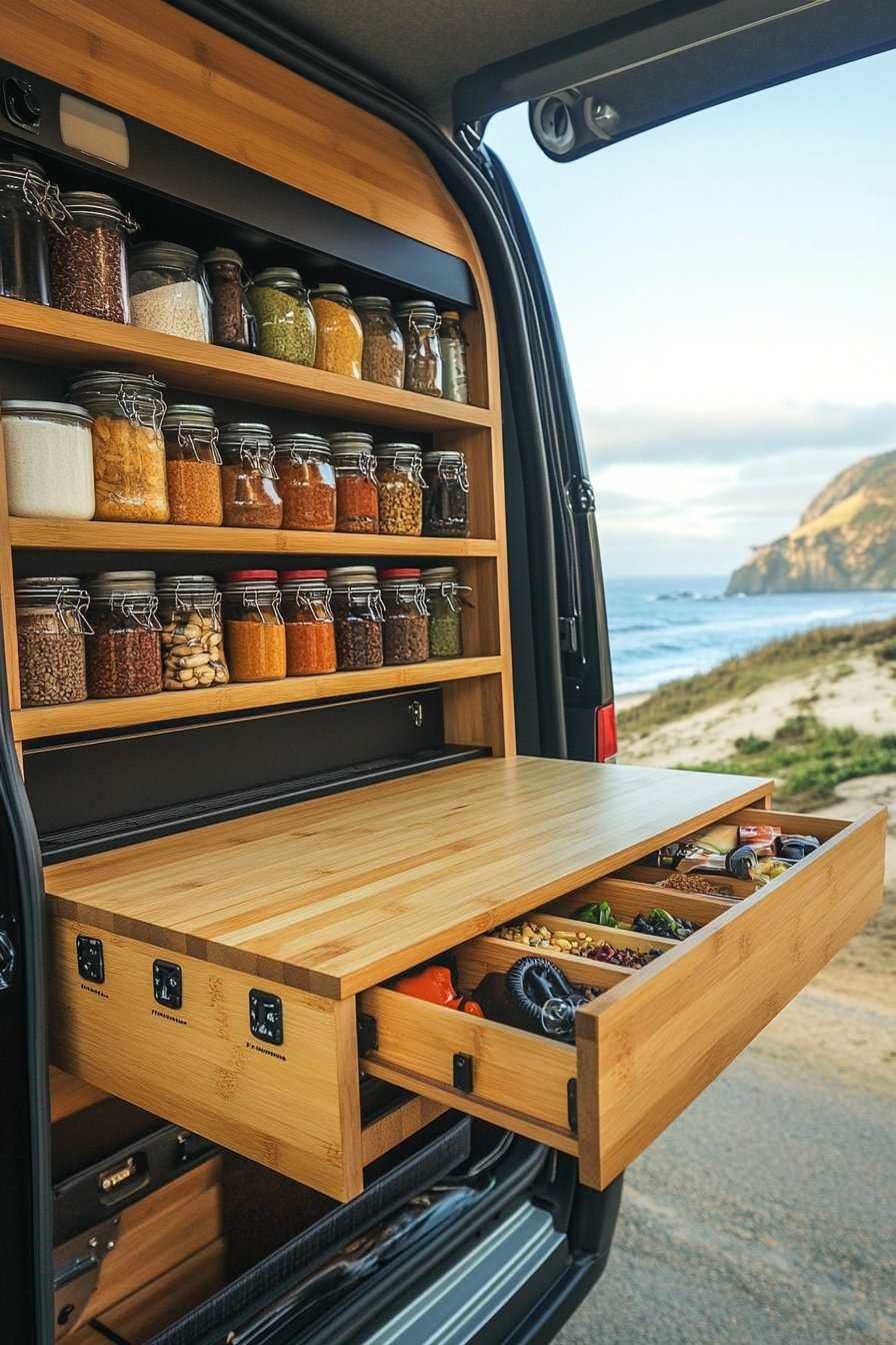 Mercedes Sprinter. Fold-down bamboo counter with inlaid vertical spice rack by the beach.