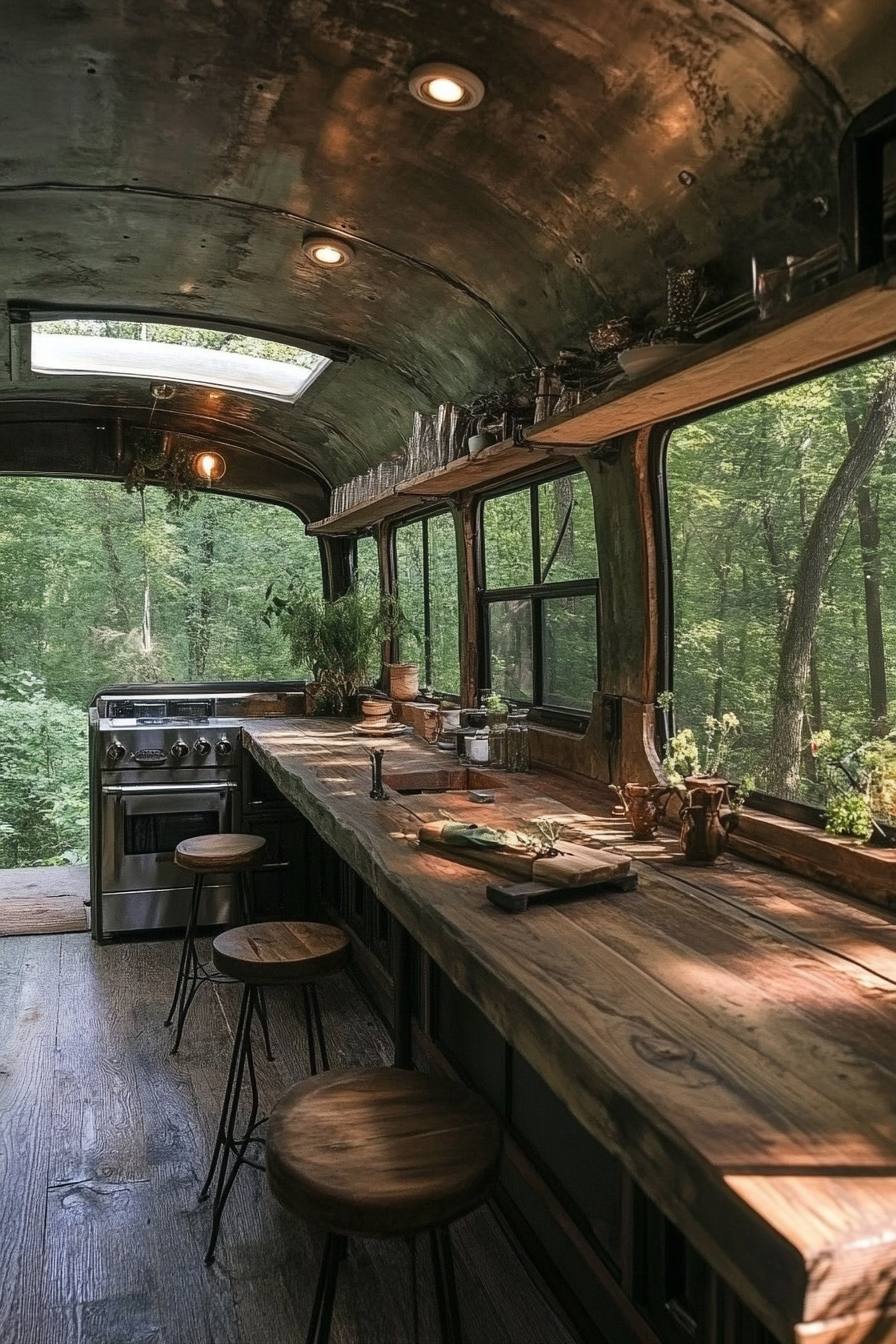 Short Bus Interior. Reclaimed wood counters, rustic steel accents, nestled amongst forest trees.