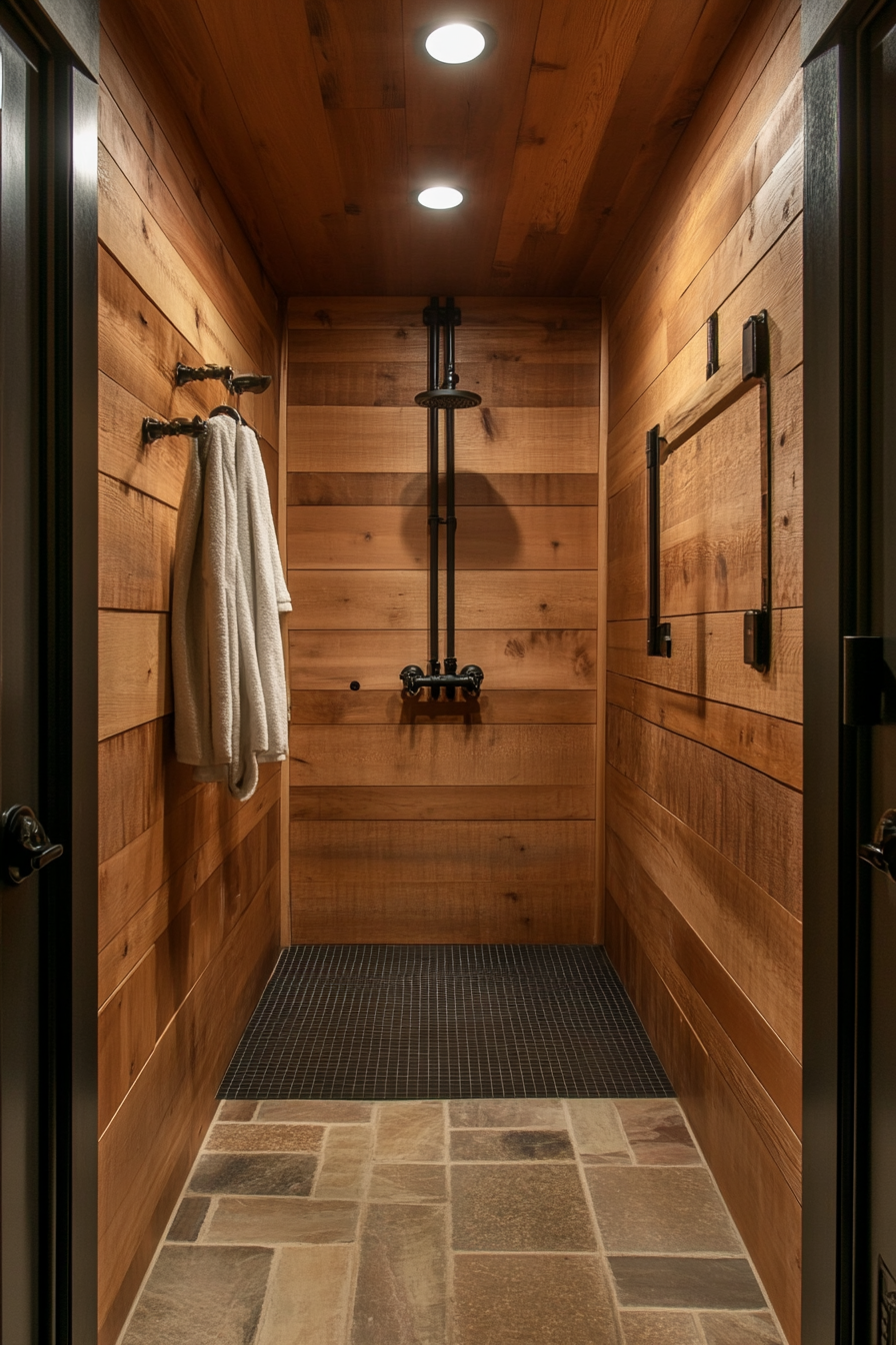 Sprinter 170. Cedar-lined walls adorned with black hardware in a mountain ridge basecamp.