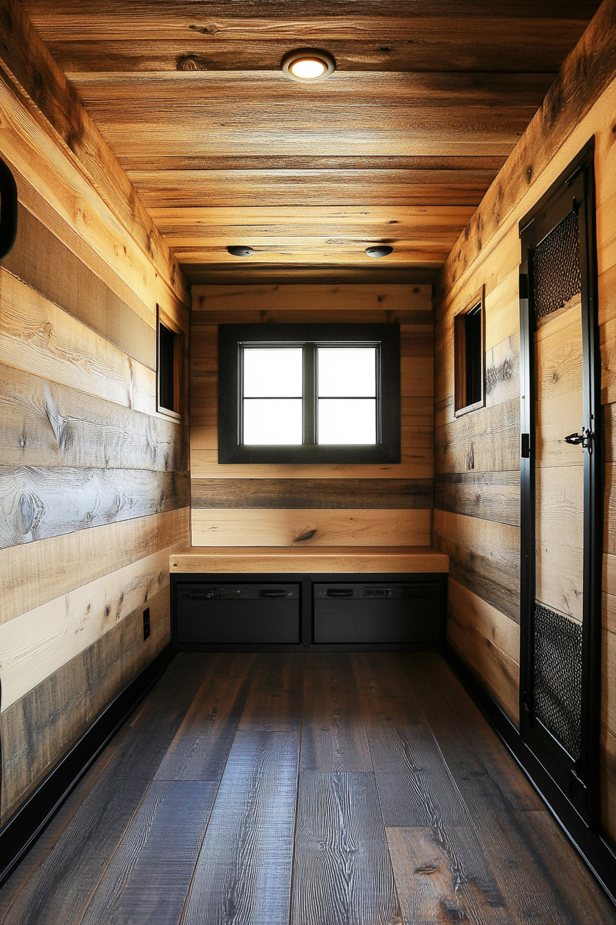 Sprinter 170 interior. Cedar-lined walls, black hardware, Mountain Ridge Basecamp layout.