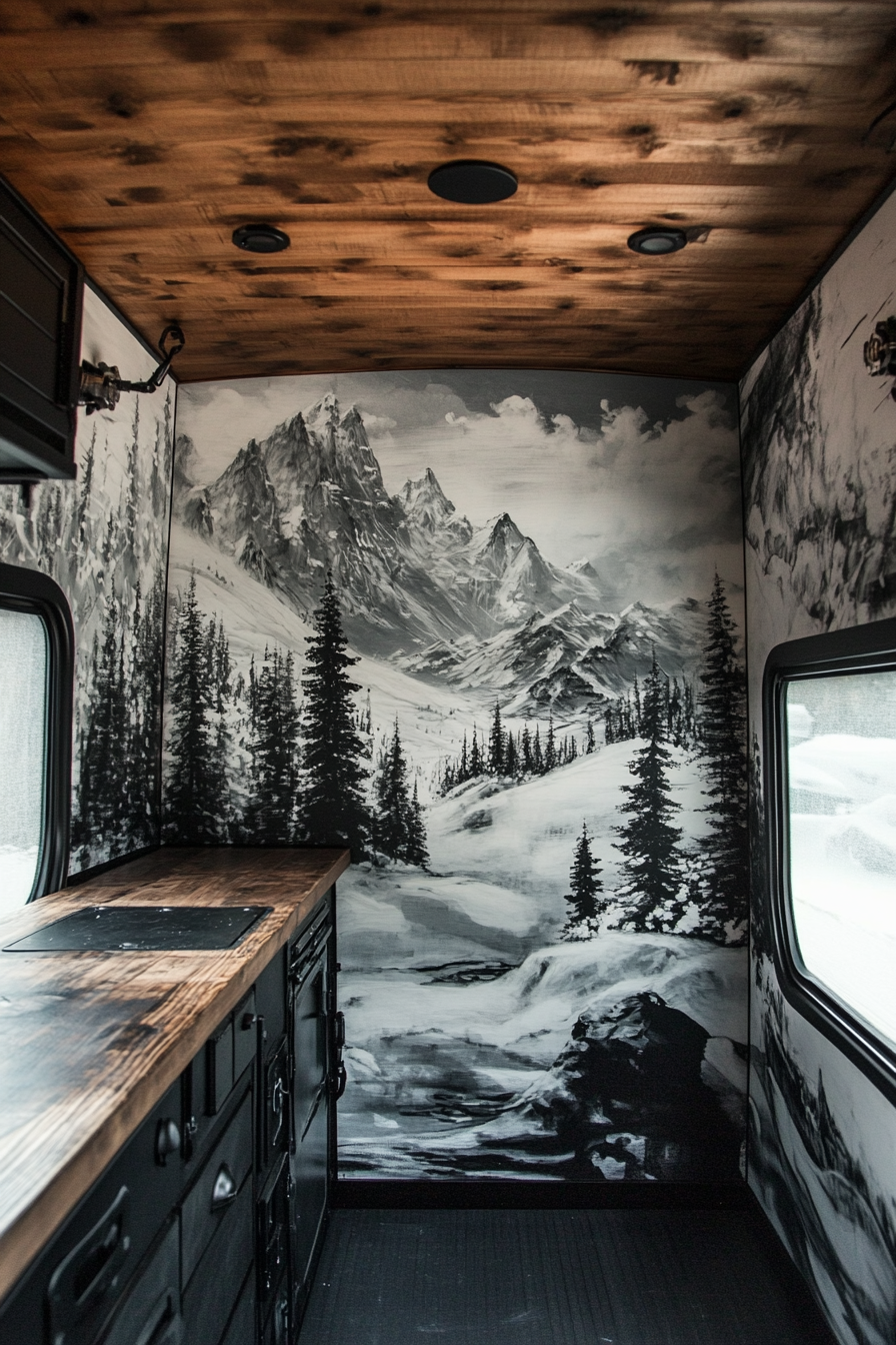 Sprinter 170 interior. Cedar-lined walls with snowy mountain mural and black hardware.