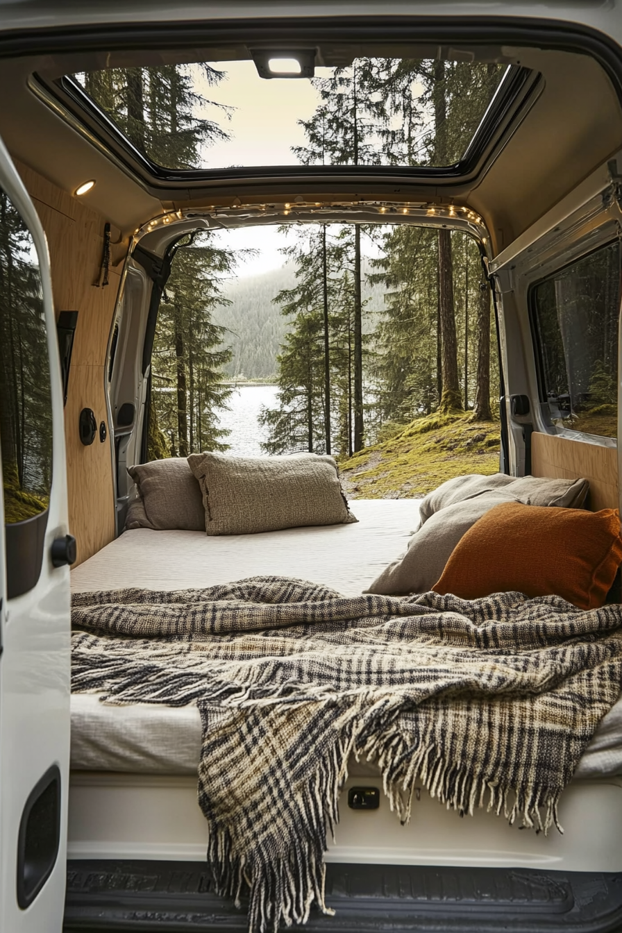 Ford Transit Convertible Bed-to-Lounge. Woven textiles and pine forest oils scents.